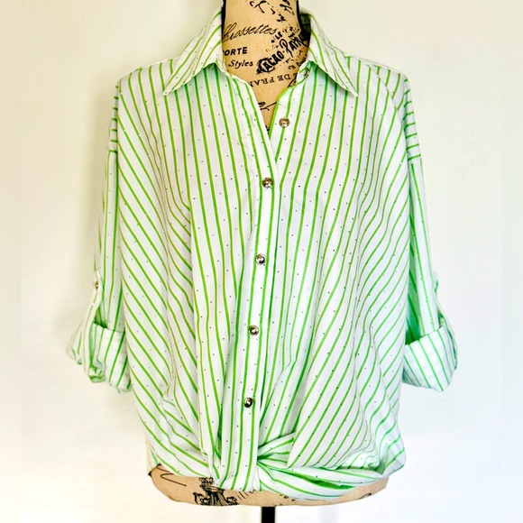 Tops - White with green Stripes oversized top.